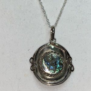 Abalone and silver pendant in a silver chain.